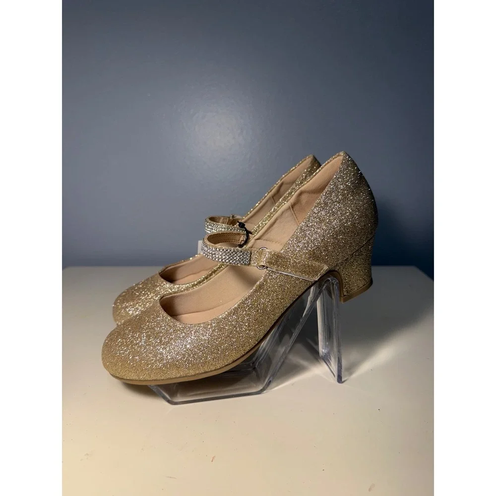 Gold Glitter Mary Jane Block Heel Pumps with Rhinestone Strap Women Size 8